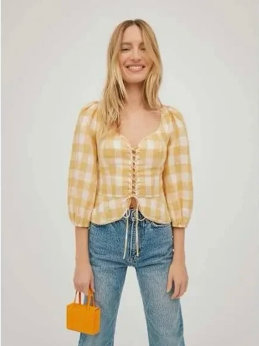 Reformation Barrett Linen Top in Dandelion Check - Corset Lace Up Yellow White 6